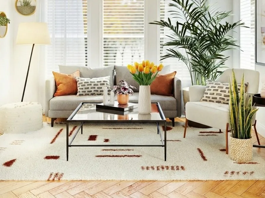 Living room with a vase of tulips added